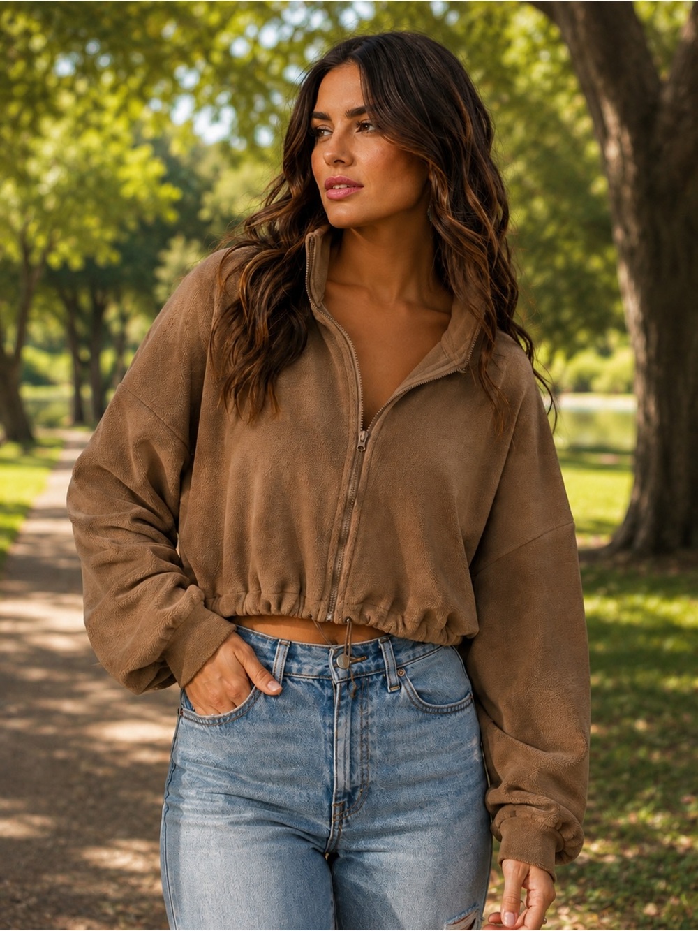 Tan Cropped Velour Zip-Up Cropped Pullover Jacket